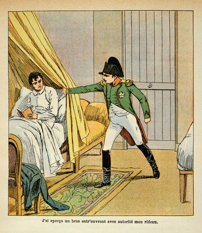 エマニュエル・ド・ラス・ケース伯爵（1766-1842）の著書『サン・ヘレネの記念碑』からボンブル・ルイ（1862-1927）が描いたイラスト。ナポレオンがサン・ヘレネのベッドでラス・ケースを目覚めさせる場面、個人蔵 作： Louis Charles Bombled