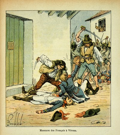 エマニュエル・ド・ラス・カース伯爵（1766-1842）の著書『聖ヘレネの記念』からボンブル・ルイ（1862-1927）が描いたイラスト。ヴェローナでのフランス兵の虐殺、個人蔵 作： Louis Charles Bombled