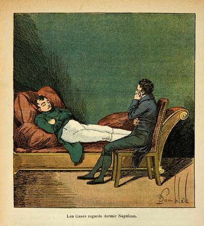 エマニュエル・ド・ラス・ケース伯爵（1766-1842）の著書『サン・ヘレネの記念』からボンブル・ルイ（1862-1927）が描いたイラスト。眠るナポレオンを見つめるラス・ケース、プライベート・コレクション 作： Louis Charles Bombled
