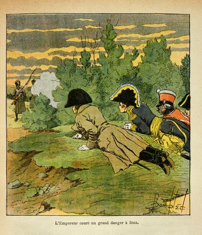 ボンブル・ルイ（1862-1927）が、エマニュエル・ド・ラス・カース伯爵（1766-1842）の著書「サン・ヘレネの記念碑」から描いたもの。イエナの戦いの前夜、敵陣を認識した皇帝ナポレオンは、フランス軍の兵士が、自分の身を投げ出してしまう。 作： Louis Charles Bombled