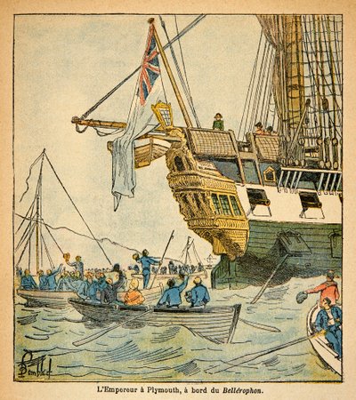 エマニュエル・ド・ラス・ケース伯爵（1766-1842）の著書『聖ヘレネの記念』からボンブル・ルイ（1862-1927）が描いたイラスト。ベレロフォン号に乗った皇帝ナポレオンが1815年にプリマスに到着したときの様子、プライベート・コレクション 作： Louis Charles Bombled