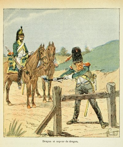 エマニュエル・ド・ラス・ケース伯爵（1766-1842）の著書『聖ヘレネの記念』からボンブル・ルイ（1862-1927）が描いたイラスト。フランス軍：ドラゴンとドラゴンサッパー、個人蔵 作： Louis Charles Bombled