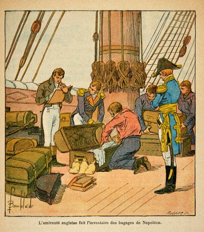 エマニュエル・デ・ラスカセス伯爵（1766-1842）の著書『サン・ヘレネの記念』からボンブル・ルイ（1862-1927）が描いたイラスト。1815年にサン・ヘレネに向けて出発する前に、イギリス人アドミラルートが皇帝ナポレオンの荷物の目録を作成している、Priva 作： Louis Charles Bombled