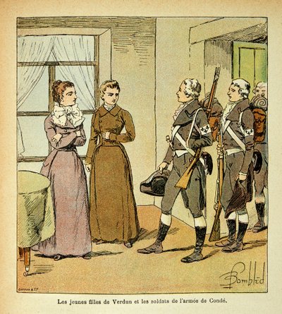 エマニュエル・ド・ラス・ケース伯爵（1766-1842）の著書『聖ヘレネの記念』からボンブル・ルイ（1862-1927）が描いたイラスト。ヴェルダンの若い娘たちとコンデ軍（移民軍）の兵士たち、個人蔵 作： Louis Charles Bombled