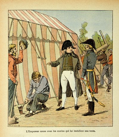 エマニュエル・ド・ラス・ケース伯爵（1766-1842）の著書『サン・ヘレネの記念碑』からボンブル・ルイ（1862-1927）が描いたイラスト。皇帝ナポレオンが自分のために天幕を張った船員たちと話している場面、プライベート・コレクション 作： Louis Charles Bombled