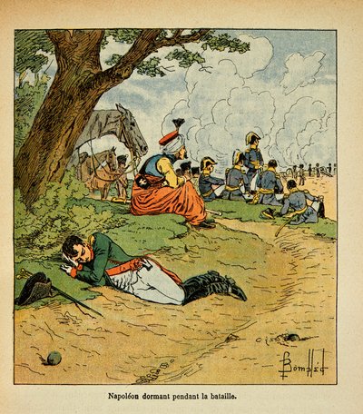 エマニュエル・ド・ラス・ケース伯爵（1766-1842）の著書『聖ヘレネの記念』からボンブル・ルイ（1862-1927）が描いたイラスト。戦闘中に眠る皇帝ナポレオン、個人蔵 作： Louis Charles Bombled