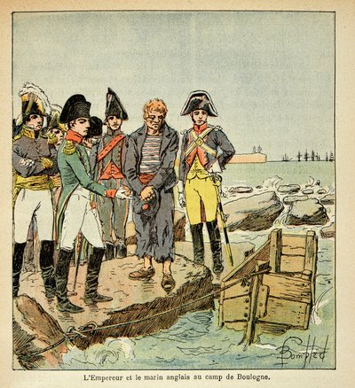 エマニュエル・ド・ラス・ケース伯爵（1766-1842）の著書『聖ヘレネの記念』からボンブル・ルイ（1862-1927）が描いたイラスト。ブーローニュのキャンプで皇帝に解放された祖国に合流しようとするイギリス人水兵、個人蔵 作： Louis Charles Bombled