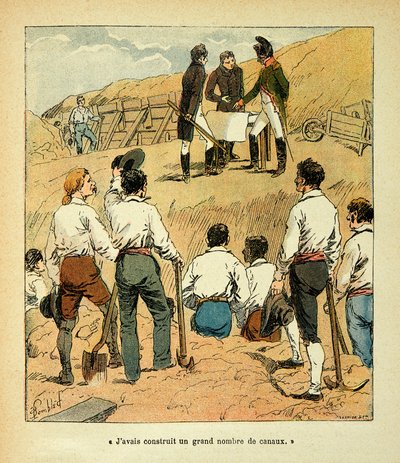 エマニュエル・ドゥ・ラス・カース伯爵（1766-1842）の著書『サント・ヘレネの記念碑』からボンブル・ルイ（1862-1927）が描いたイラスト。ナポレオンがレジーム中のフランスで大規模な工事を指揮した、コレクション部分 作： Louis Charles Bombled