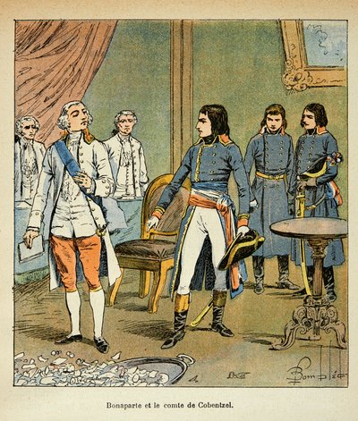エマニュエル・デ・ラスカセス伯爵（1766-1842）の著書『聖ヘレネの記念』からボンブル・ルイ（1862-1927）が描いたイラスト。カンポ・フォルミオの取引中のボナパルトとオーストリア首相ルイ・コベンズル伯爵のインタビュー、個人蔵 作： Louis Charles Bombled