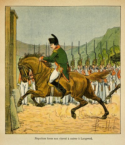 エマニュエル・ド・ラス・ケース伯爵（1766-1842）の著書「サン・ヘレネの記念碑」からボンブル・ルイ（1862-1927）が描いたイラスト。サン・ヘレネのロングウッドに馬を強引に進入させる皇帝ナポレオン、個人蔵 作： Louis Charles Bombled