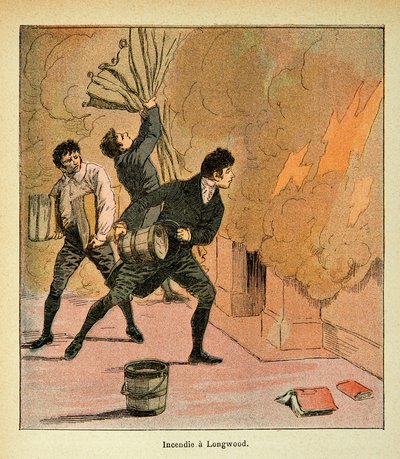 エマニュエル・ド・ラス・ケース伯爵（1766-1842）の著書「The memorial se Sainte Helene」に描かれたボンブル・ルイ（1862-1927）のイラスト。Fire a Longwood, Private Collection 作： Louis Charles Bombled