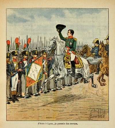 エマニュエル・ド・ラス・カース伯爵（1766-1842）の著書「サント・ヘレネの記念碑」からボンブル・ルイ（1862-1927）が描いたイラスト。皇帝ナポレオンが軍隊をレビューに渡す場面、個人蔵 作： Louis Charles Bombled