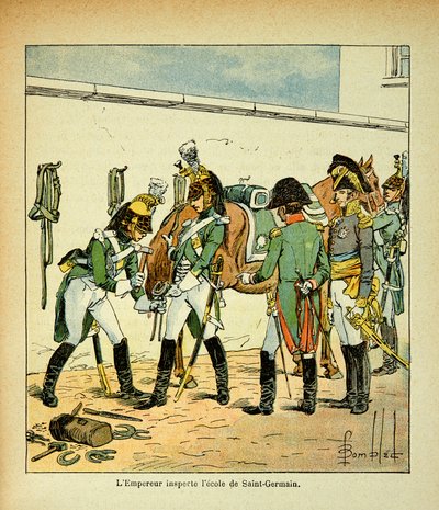 エマニュエル・ド・ラス・カース伯爵（1766-1842）の著書「サント・ヘレネの記念碑」からボンブル・ルイ（1862-1927）が描いたイラスト。サン・ジェルマンの学校を視察する皇帝ナポレオン、個人蔵 作： Louis Charles Bombled