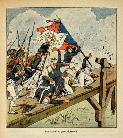 ボンブル・ルイ（1862-1927）が、エマニュエル・ド・ラス・カース伯爵（1766-1842）の著書『サント・ヘレネの記念碑』から描いたもの。アルコレ橋でのボナパルト、個人蔵 作： Louis Charles Bombled