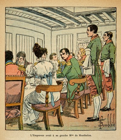 エマニュエル・デ・ラスカセス伯爵(1766-1842)の著書「サン・ヘレネの記念」に掲載されたボンブル・ルイ(1862-1927)のイラスト。サン・ヘレネに向かうノーサンバーランド号での皇帝ナポレオンの晩餐会、左手にはデ・モンソロン夫人、二等兵 作： Louis Charles Bombled