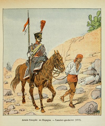 エマニュエル・ド・ラス・ケース伯爵（1766-1842）の著書『聖ヘレネの記念』に掲載されたボンブル・ルイ（1862-1927）のイラスト。スペインのフランス軍。Lancier gendarme 1811年、個人蔵 作： Louis Charles Bombled