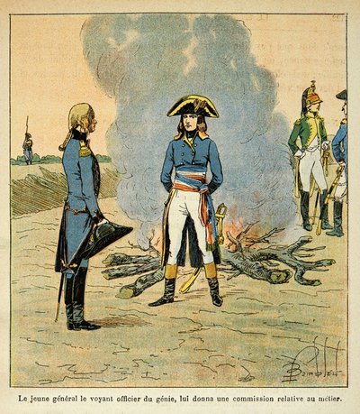 エマニュエル・デ・ラスカセス伯爵（1766-1842）の著書「聖ヘレネの記念」に掲載されたボナパルト・ルイ（1862-1927）のイラスト：ボナパルトと当時イタリア軍の精鋭将校であったアンリ・ガティアン・ベルトラン（1773-1844）との最初の出会い。 作： Louis Charles Bombled