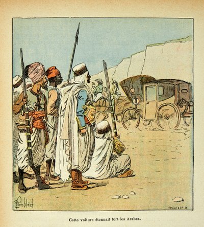 エマニュエル・デ・ラスカセス伯爵（1766-1842）の著書『聖ヘレネの記念』に掲載されたボンブル・ルイ（1862-1927）のイラスト。エジプトへの遠征。フランス人クルーに驚くエジプト人、個人蔵 作： Louis Charles Bombled