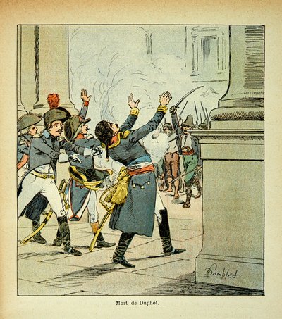 エマニュエル・ド・ラス・ケース伯爵（1766-1842）の著書『聖ヘレネの記念』に掲載されたボンブル・ルイ（1862-1927）のイラスト。1797年にローマで行われたレオナルド・デュポト将軍（1769-1797）の暗殺事件、個人蔵 作： Louis Charles Bombled