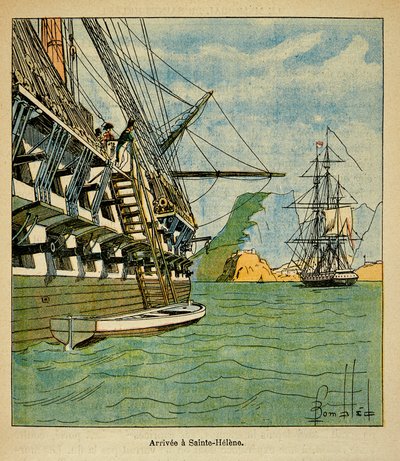 エマニュエル・ド・ラス・ケース伯爵（1766-1842）の著書「サン・ヘレネの記念」に掲載されたボンブル・ルイ（1862-1927）のイラスト。10月15日、ナポレオンのサント・ヘレネへの到着 作： Louis Charles Bombled