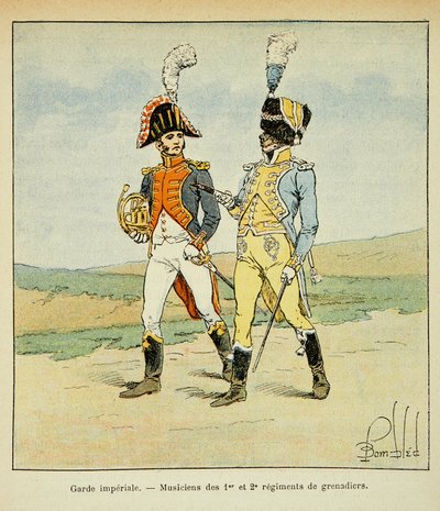エマニュエル・デ・ラスカセス伯爵（1766-1842）の著書「聖ヘレネの記念」に掲載されたボンブル・ルイ（1862-1927）のイラスト。帝国軍。グレナディエ第1連隊および第2連隊の音楽隊、個人蔵 作： Louis Charles Bombled