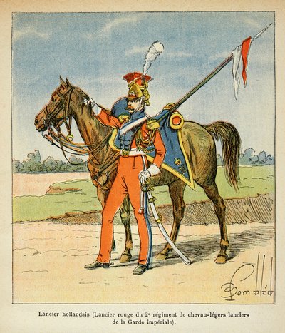 エマニュエル・ド・ラス・ケース伯爵（1766-1842）の著書『聖ヘレネの記念』に掲載されたボンブル・ルイ（1862-1927）のイラスト。オランダ人ランサーの肖像（帝国軍軽騎兵第2、第3連隊の赤のランサー）、個人蔵 作： Louis Charles Bombled