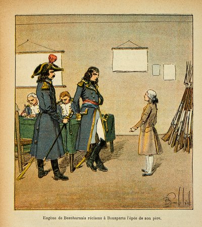 エマニュエル・ド・ラス・ケース伯爵（1766-1842）の著書「聖ヘレネの記念碑」からのボンバルド・ルイ（1862-1927）のイラスト。ボナパルトの父の剣を要求するウジェーヌ・ド・ボーアルネ（1781-1824）、プライベート・コレクション 作： Louis Charles Bombled