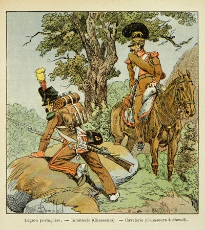 エマニュエル・デ・ラスカセス伯爵（1766-1842）の著書「サン・ヘレネの記念」に掲載されたボンブル・ルイ（1862-1927）のイラスト。ポルトガル軍団。歩兵（狩人）と騎兵（馬上の狩人）、個人蔵 作： Louis Charles Bombled