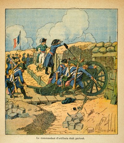 エマニュエル・ド・ラス・ケース伯爵（1766-1842）の著書「サン・ヘレネの記念」に掲載されたボンブル・ルイ（1862-1927）のイラスト。1793年、トゥーロンの席でのナポレオン・ボナパルト、プライベート・コレクション 作： Louis Charles Bombled
