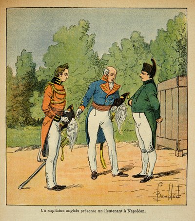 エマニュエル・ド・ラス・ケース伯爵（1766-1842）の著書『聖ヘレネの記念』に掲載されたボンブル・ルイ（1862-1927）のイラスト。セント・ヘレネに向けて、イギリス人の隊長がナポレオン皇帝に中尉を贈るシーン、個人蔵 作： Louis Charles Bombled