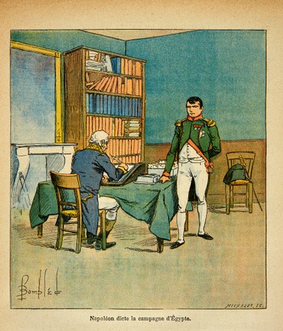 エマニュエル・ド・ラス・ケース伯爵（1766-1842）の著書『聖ヘレネの記念』からのボンブル・ルイ（1862-1927）のイラスト。亡命中の皇帝ナポレオンは、エジプトのクーデターで大魔術師アンリ・ガティアン・ベルトラン（1773-1844）に記念品を口述している 作： Louis Charles Bombled