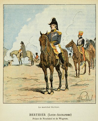 エマニュエル・ド・ラス・ケース伯爵（1766-1842）の著書『聖ヘレネの記念』に掲載されたボンブル・ルイ（1862-1927）のイラスト。ヌーシャテルとワグラムの王子である牧童ルイ・アレクサンドル・ベルティエ（1753-1815）の騎馬像、個人蔵 作： Louis Charles Bombled