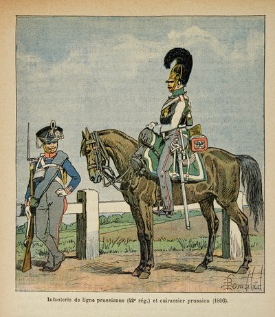 エマニュエル・デ・ラスカセス伯爵（1766-1842）の著書「サン・ヘレネの記念碑」に掲載されたボンブル・ルイ（1862-1927）のイラスト。プロイセンラインの歩兵（42、エメ連隊）とプロイセンの戦艦 作： Louis Charles Bombled