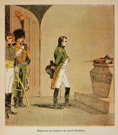 エマニュエル・ド・ラス・ケース伯爵（1766-1842）の著書「聖ヘレネの記念碑」に掲載されたボンブル・ルイ（1862-1927）のイラスト。1806年、ポツダムのガーニソン教会の地下室でプロイセンのフレデリック2世の棺を見て瞑想するナポレオン、Private Collecti 作： Louis Charles Bombled