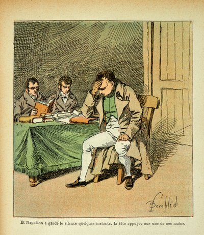 エマニュエル・ドゥ・ラス・カース伯爵（1766-1842）の著書「The memorial se Sainte Helene」に掲載されたボンブル・ルイ（1862-1927）のイラスト。記念碑の反応に目を瞑る皇帝ナポレオン、個人蔵 作： Louis Charles Bombled