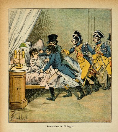 エマニュエル・ド・ラス・ケース伯爵（1766-1842）の著書「サント・ヘレネの記念碑」に掲載されたボンブル・ルイ（1862-1927）のイラスト。1804年2月28日のジャン・シャルル・ピケグル（1761-1804）の逮捕、プライベート・コレクション 作： Louis Charles Bombled
