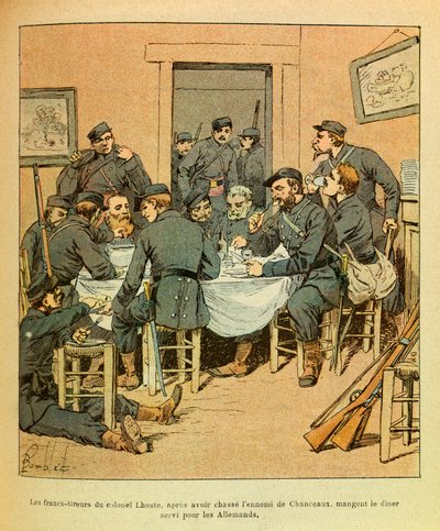 ルイ・ボンブルド（1862-1927）が描いた輝かしい「グルネスト」ことユージン・セルジュの海兵隊（独仏戦争、1870-1871年のキャンペーン）。Chanceauxのプロシア人を狩った後、夕食をとるLhoste大佐の自由射撃隊（コレクション部分 作： Louis Charles Bombled