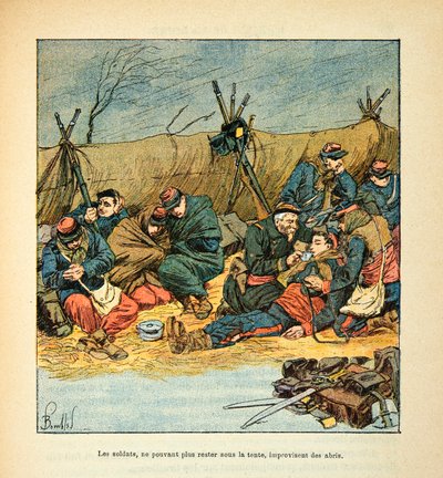 ルイ・ボンブルド（1862-1927）が挿絵を描いたウジェーヌ・セルジェント（グレネスト）の「ロワールの軍隊」（独仏戦争、1870年から1871年のキャンペーン）。1870年真冬の退却中のフランス兵、個人蔵 作： Louis Charles Bombled