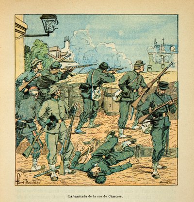 ルイ・ボンブルド（1862-1927）が挿絵を描いたウジェーヌ・セルジェント（グレネスト）の「ロワールの軍隊」（独仏戦争、1870年から1871年のキャンペーン）。1870年10月18日のシャトーダンの戦い、シャルトル通りのバリケード、個人蔵 作： Louis Charles Bombled