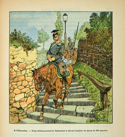 ルイ・ボンブルド（1862-1927）が絵を描いたグルネストことウジェーヌ・セルジェントの『ロワールの軍隊』（独仏戦争、1870-1871年のキャンペーン）。Chateaudunでは、追われた2人のUhlansが馬に乗って200段の石段を降りる。 作： Louis Charles Bombled