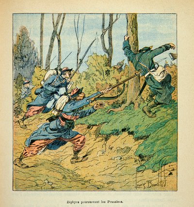 ルイ・ボンブルド（1862-1927）が挿絵を描いたウジェーヌ・セルジェント（グレネスト）の『ロワールの軍隊』（独仏戦争、1870年～1871年のキャンペーン）。1870年の戦争でプロシア軍を追撃するフランス兵、個人蔵 作： Louis Charles Bombled