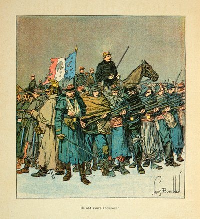 ルイ・ボンブルド（1862-1927）が挿絵を描いたウジェーヌ・セルジェント（グレネスト）の「ロワールの軍隊」（独仏戦争、1870年から1871年のキャンペーン）。ロワール軍のアレゴリー「彼らは名誉を守った」、個人蔵 作： Louis Charles Bombled