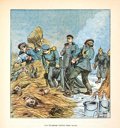 ルイ・ボンブルド（1862-1927）が挿絵を描いたウジェーヌ・セルジェント（グルネスト）の『ロワールの軍隊』（独仏戦争、1870年から1871年のキャンペーン）。プロイセンは1870年の戦争で死者を焼いた、個人蔵 作： Louis Charles Bombled