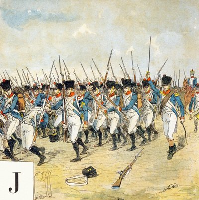文字J：若き衛兵、"Je serai soldat"(私は兵士になります) - 軍事用アルファベット 作： Louis Charles Bombled