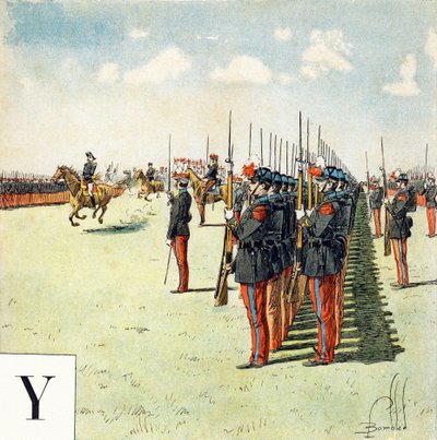 文字Y：サン・シル（Saint-Cyr）の軍事学校の生徒、「Je serai soldat」（私は兵士になります） - 軍事用アルファベット 作： Louis Charles Bombled