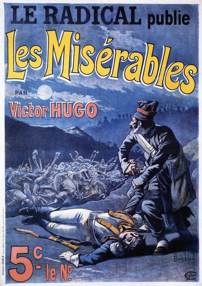 日刊紙「Le radical」に掲載されたヴィクトル・ユーゴーの小説「Les miserables」（1802-1885）の出版を知らせるポスター（イラスト：L. Bombled 作： Louis Charles Bombled
