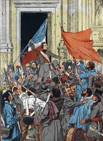 第二共和国の宣言、1848年の革命。アルフォンス・ド・ラマルティーヌ（1790-1869）は、2月25日にパリ市庁舎で行われた演説で、共和国の紋章としての赤旗を拒否し、三色旗を選択した。 作： Louis Charles Bombled