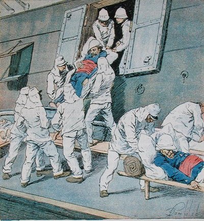 マダガスカル作戦で病に倒れた兵士たちが、アルジェでシャムロック号から下船する様子（1897年頃）（カラーリトグラフ 作： Louis Charles Bombled