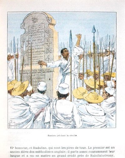 1895年にフランスがマダガスカルを占領した後、フランスへの反乱を説く魔術師たち（19世紀末、D.H.Galli著「La guerre a Madagascar」より）のイラスト（カラーリトグラフ）。 作： Louis Charles Bombled