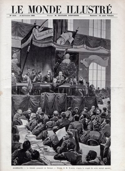 1895年にドイツのブレスラウで開催された社会主義者会議でのアウグスト・ベベル（1840-1913）のスピーチ - 1895年の「The Illustrous World」に掲載されたエングレーヴィング - ボンブルドによるドローイング。 作： Louis Charles Bombled
